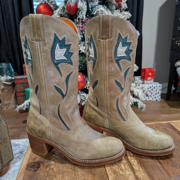 Frye Shoes - Frye Tan and Teal Heeled Boots
